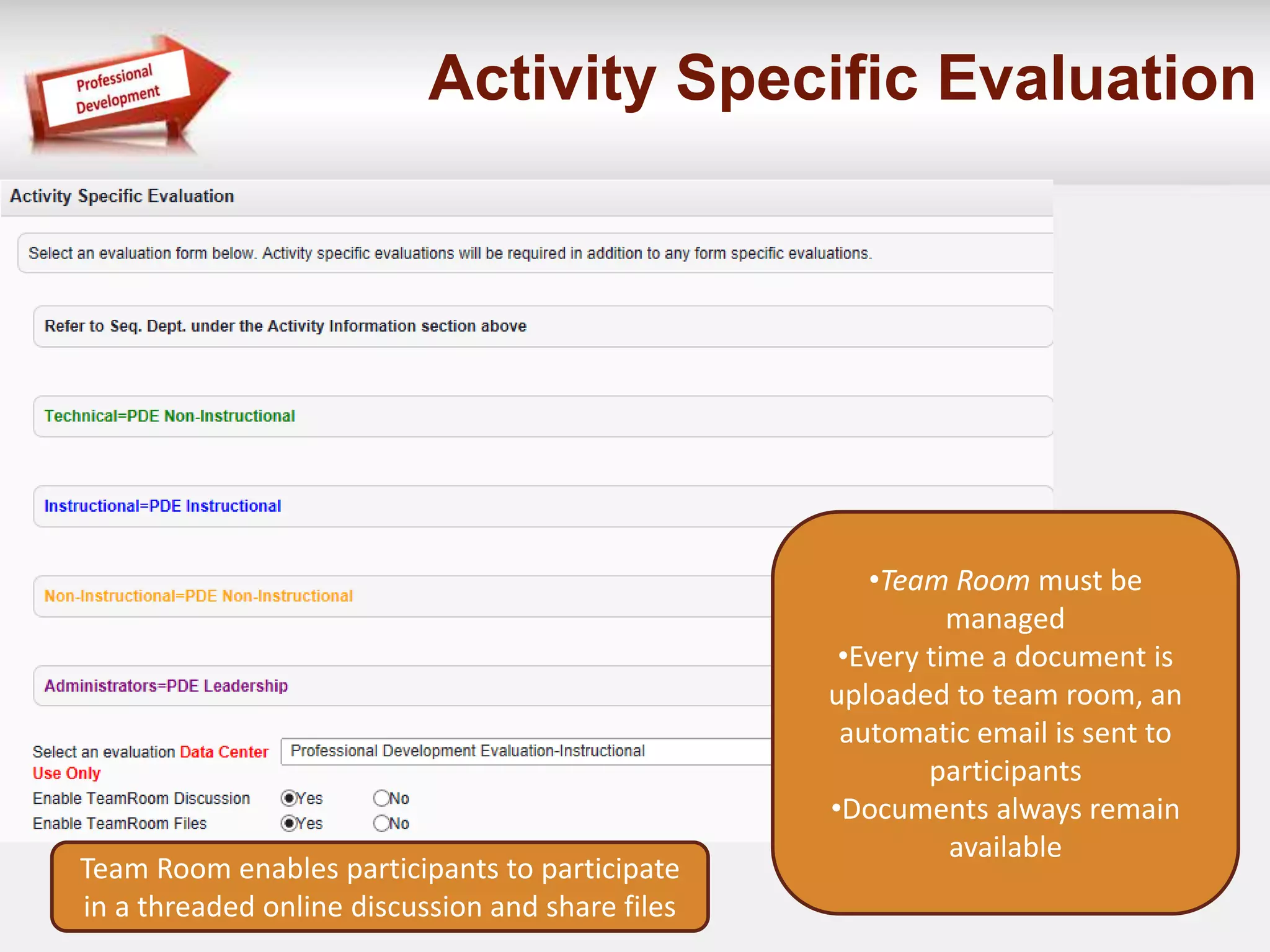 Activity Specific Evaluation 
•Team Room must be 
managed 
•Every time a document is 
uploaded to team room, an 
automatic email is sent to 
participants 
•Documents always remain 
available 
Team Room enables participants to participate 
in a threaded online discussion and share files 
 