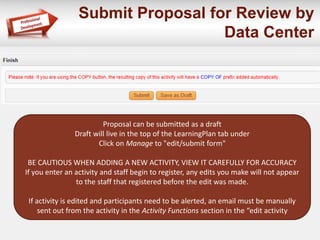 Submit Proposal for Review by 
Data Center 
Proposal can be submitted as a draft 
Draft will live in the top of the LearningPlan tab under 
Click on Manage to "edit/submit form" 
BE CAUTIOUS WHEN ADDING A NEW ACTIVITY, VIEW IT CAREFULLY FOR ACCURACY 
If you enter an activity and staff begin to register, any edits you make will not appear 
to the staff that registered before the edit was made. 
If activity is edited and participants need to be alerted, an email must be manually 
sent out from the activity in the Activity Functions section in the “edit activity 
 