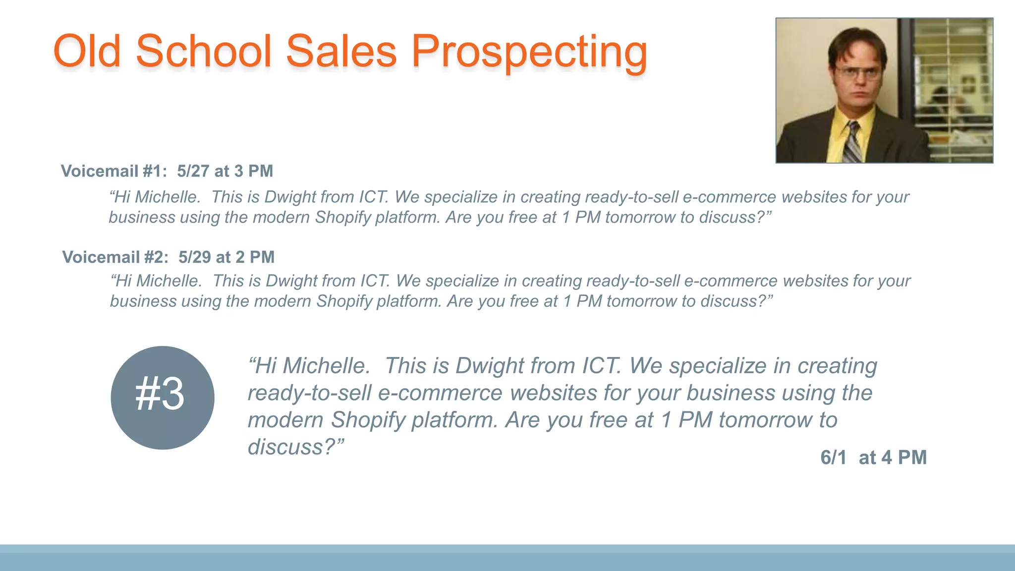 “Hi Michelle. This is Dwight from ICT. We specialize in creating ready-to-sell e-commerce websites for your
business using the modern Shopify platform. Are you free at 1 PM tomorrow to discuss?”
Voicemail #1: 5/27 at 3 PM
“Hi Michelle. This is Dwight from ICT. We specialize in creating ready-to-sell e-commerce websites for your
business using the modern Shopify platform. Are you free at 1 PM tomorrow to discuss?”
Voicemail #2: 5/29 at 2 PM
“Hi Michelle. This is Dwight from ICT. We specialize in creating
ready-to-sell e-commerce websites for your business using the
modern Shopify platform. Are you free at 1 PM tomorrow to
discuss?” 6/1 at 4 PM
#3
Old School Sales Prospecting
 