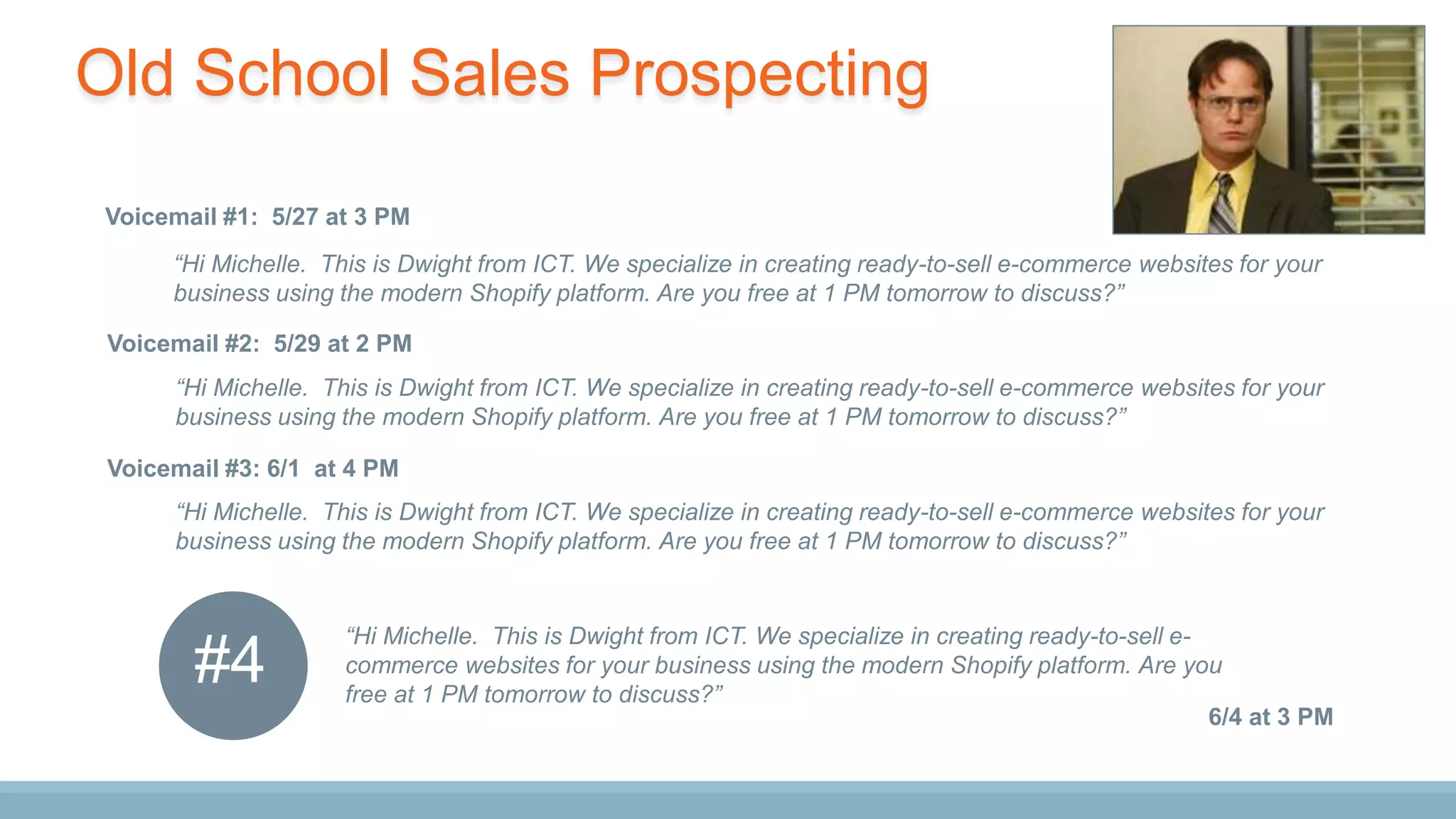 “Hi Michelle. This is Dwight from ICT. We specialize in creating ready-to-sell e-commerce websites for your
business using the modern Shopify platform. Are you free at 1 PM tomorrow to discuss?”
Voicemail #1: 5/27 at 3 PM
“Hi Michelle. This is Dwight from ICT. We specialize in creating ready-to-sell e-commerce websites for your
business using the modern Shopify platform. Are you free at 1 PM tomorrow to discuss?”
Voicemail #2: 5/29 at 2 PM
“Hi Michelle. This is Dwight from ICT. We specialize in creating ready-to-sell e-commerce websites for your
business using the modern Shopify platform. Are you free at 1 PM tomorrow to discuss?”
Voicemail #3: 6/1 at 4 PM
“Hi Michelle. This is Dwight from ICT. We specialize in creating ready-to-sell e-
commerce websites for your business using the modern Shopify platform. Are you
free at 1 PM tomorrow to discuss?”
6/4 at 3 PM
#4
Old School Sales Prospecting
 