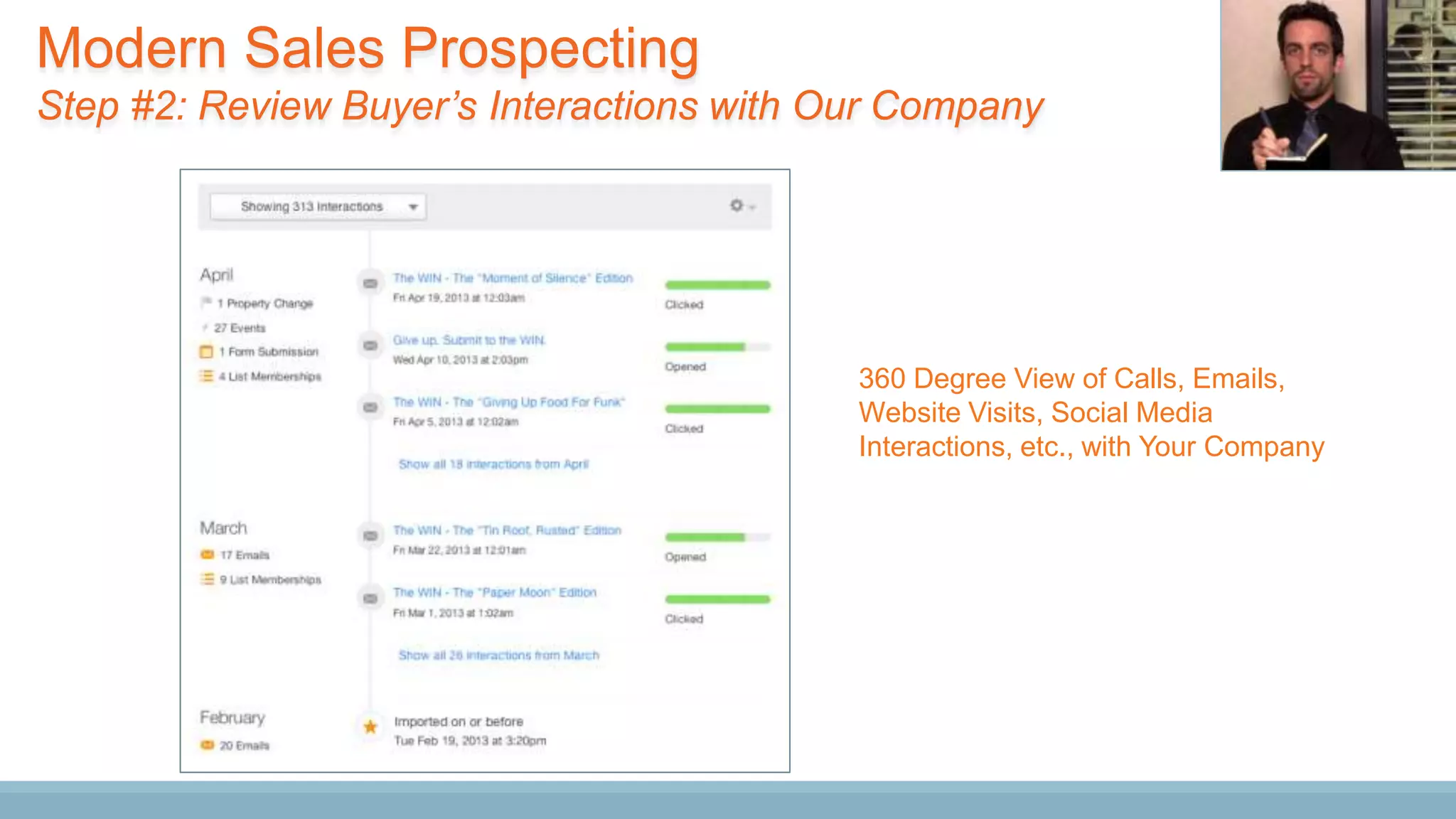 Modern Sales Prospecting
Step #2: Review Buyer’s Interactions with Our Company
360 Degree View of Calls, Emails,
Website Visits, Social Media
Interactions, etc., with Your Company
 
