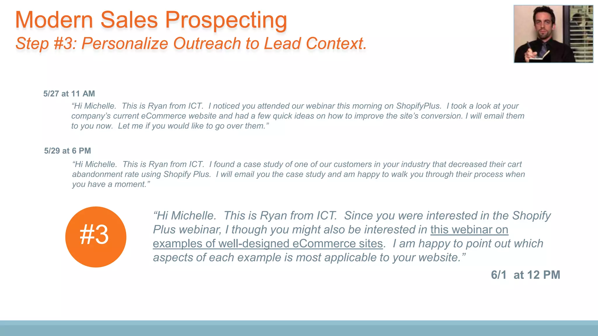 “Hi Michelle. This is Ryan from ICT. I noticed you attended our webinar this morning on ShopifyPlus. I took a look at your
company’s current eCommerce website and had a few quick ideas on how to improve the site’s conversion. I will email them
to you now. Let me if you would like to go over them.”
5/27 at 11 AM
“Hi Michelle. This is Ryan from ICT. I found a case study of one of our customers in your industry that decreased their cart
abandonment rate using Shopify Plus. I will email you the case study and am happy to walk you through their process when
you have a moment.”
5/29 at 6 PM
“Hi Michelle. This is Ryan from ICT. Since you were interested in the Shopify
Plus webinar, I though you might also be interested in this webinar on
examples of well-designed eCommerce sites. I am happy to point out which
aspects of each example is most applicable to your website.”
6/1 at 12 PM
#3
Modern Sales Prospecting
Step #3: Personalize Outreach to Lead Context.
 
