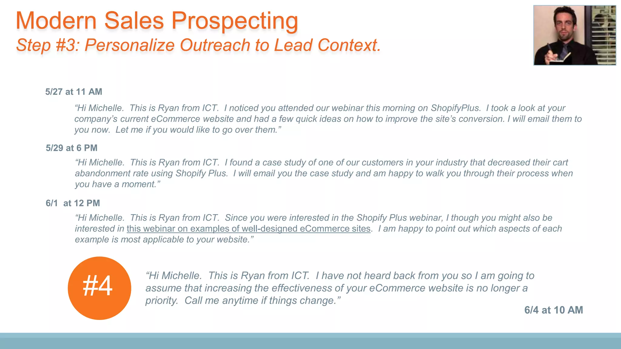 “Hi Michelle. This is Ryan from ICT. I noticed you attended our webinar this morning on ShopifyPlus. I took a look at your
company’s current eCommerce website and had a few quick ideas on how to improve the site’s conversion. I will email them to
you now. Let me if you would like to go over them.”
5/27 at 11 AM
“Hi Michelle. This is Ryan from ICT. I found a case study of one of our customers in your industry that decreased their cart
abandonment rate using Shopify Plus. I will email you the case study and am happy to walk you through their process when
you have a moment.”
5/29 at 6 PM
“Hi Michelle. This is Ryan from ICT. Since you were interested in the Shopify Plus webinar, I though you might also be
interested in this webinar on examples of well-designed eCommerce sites. I am happy to point out which aspects of each
example is most applicable to your website.”
6/1 at 12 PM
6/4 at 10 AM
“Hi Michelle. This is Ryan from ICT. I have not heard back from you so I am going to
assume that increasing the effectiveness of your eCommerce website is no longer a
priority. Call me anytime if things change.”
#4
Modern Sales Prospecting
Step #3: Personalize Outreach to Lead Context.
 