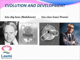 EVOLUTION AND DEVELOPMENT
Iris clip lens (Binkhorst) Iris claw lens( Worst)
 