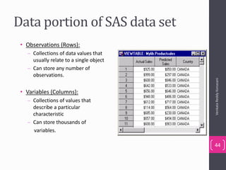 Data portion of SAS data set
• Observations (Rows):
– Collections of data values that
usually relate to a single object
– Can store any number of
observations.
• Variables (Columns):
– Collections of values that
describe a particular
characteristic
– Can store thousands of
variables.
VenkataReddyKonasani
44
 