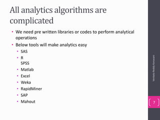 All analytics algorithms are
complicated
• We need pre written libraries or codes to perform analytical
operations
• Below tools will make analytics easy
• SAS
• R
SPSS
• Matlab
• Excel
• Weka
• RapidMiner
• SAP
• Mahout
VenkataReddyKonasani
7
 