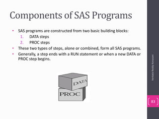 Components of SAS Programs
• SAS programs are constructed from two basic building blocks:
1. DATA steps
2. PROC steps
• These two types of steps, alone or combined, form all SAS programs.
• Generally, a step ends with a RUN statement or when a new DATA or
PROC step begins.
VenkataReddyKonasani
83
 