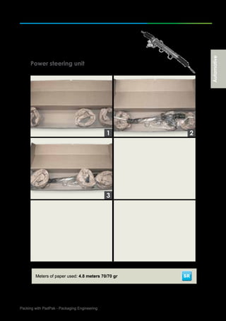 14Packing with PadPak - Packaging Engineering
Automotive
Power steering unit
Meters of paper used: 4.8 meters 70/70 gr SR
3
1 2
Automotive
 