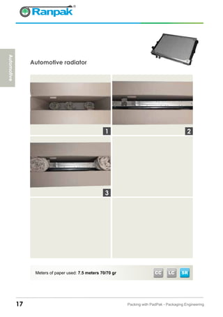 17 Packing with PadPak - Packaging Engineering
Automotive radiator
Meters of paper used: 7.5 meters 70/70 gr
3
1 2
Automotive
SRCC LC
 