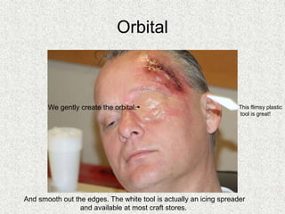 Orbital
This flimsy plastic
tool is great!
And smooth out the edges. The white tool is actually an icing spreader
and available at most craft stores.
We gently create the orbital.
 