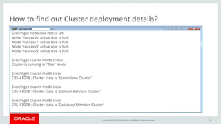 Copyright © 2017, Oracle and/or its affiliates. All rights reserved.
How to find out Cluster deployment details?
33
$crsctl get node role status -all
Node ‘rwsxxxx6’ active role is hub
Node ‘rwsxxxx7’ active role is hub
Node ‘rwsxxxx8’ active role is hub
Node ‘rwsxxxx9’ active role is hub
$crsctl get cluster mode status
Cluster is running in “flex” mode
$crsctl get cluster mode class
CRS-41008 : Cluster class is ‘Standalone Cluster’
$crsctl get cluster mode class
CRS-41008 : Cluster class is ‘Domain Services Cluster’
$crsctl get cluster mode class
CRS-41008 : Cluster class is ‘Database Member Cluster’
 