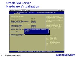 © 2008 Julian Dyke juliandyke.com
30
Oracle VM Server
Hardware Virtualization
 