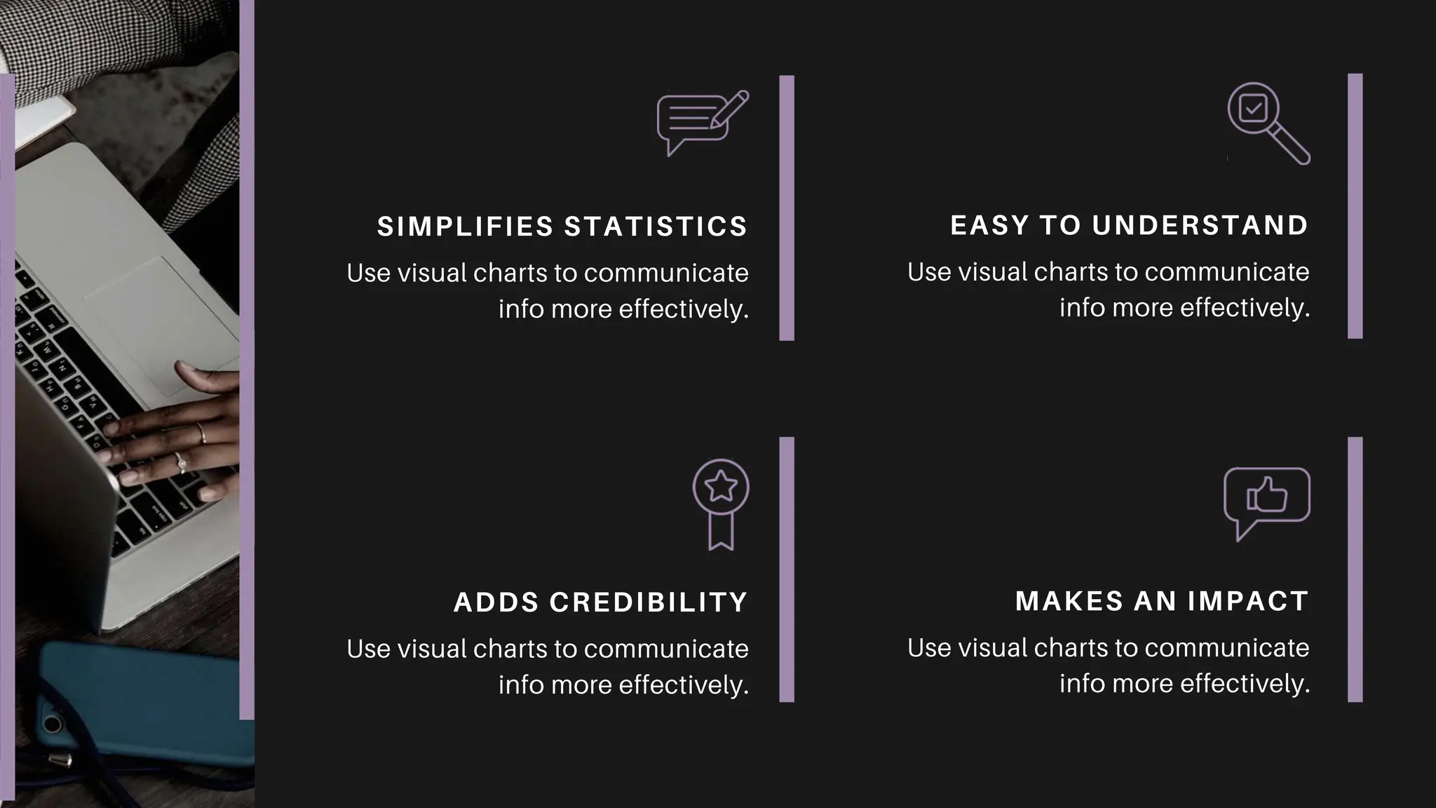 EASY TO UNDERSTAND
MAKES AN IMPACT
SIMPLIFIES STATISTICS
ADDS CREDIBILITY