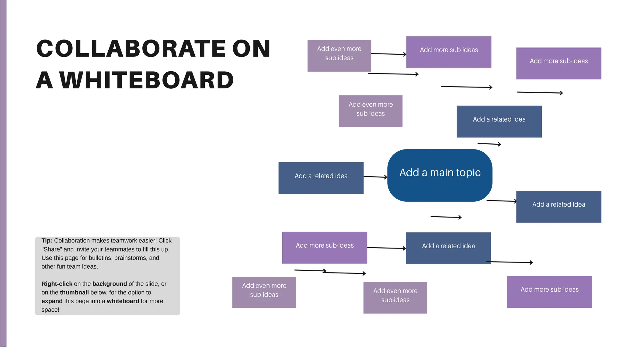 Tip: Collaboration makes teamwork easier! Click
"Share" and invite your teammates to fill this up.
Use this page for bulletins, brainstorms, and
other fun team ideas.
Right-click on the background of the slide, or
on the thumbnail below, for the option to
expand this page into a whiteboard for more
space!