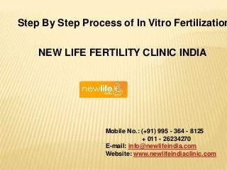 Step By Step Process of In Vitro Fertilization
NEW LIFE FERTILITY CLINIC INDIA
Mobile No.: (+91) 995 - 364 - 8125
+ 011 - 26234270
E-mail: info@newlifeindia.com
Website: www.newlifeindiaclinic.com
 