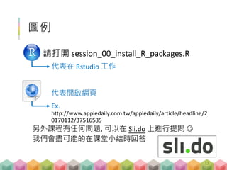 圖例
請打開 session_00_install_R_packages.R
代表在 Rstudio 工作
代表開啟網頁
Ex.
http://www.appledaily.com.tw/appledaily/article/headline/2
0170112/37516585
另外課程有任何問題, 可以在 Sli.do 上進行提問 
我們會盡可能的在課堂小結時回答
13
 