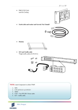 17| P a g e
MLU Project
 FAU (FAN Unit)
used for Cooling
 Earth cable and washer and Screw& Nut 13mmØ
 Dummy
 ICF and Traffic cable
*Eight traffic cable (if LTU32/1)
NOTE: main Component to collect TN6P:
1. NPU
2. LTU (LTU12/1 or LTU32/1
3. MMU
4. FAN + Two PFU3B+ Power cable
5. ICF + traffic cable
 