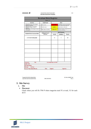 5| P a g e
MLU Project
2. Site Survey
i. Site
 Placement
Check where you will fix TN6 P where magazine need 3U at rack, 1U for each
ICF3
 