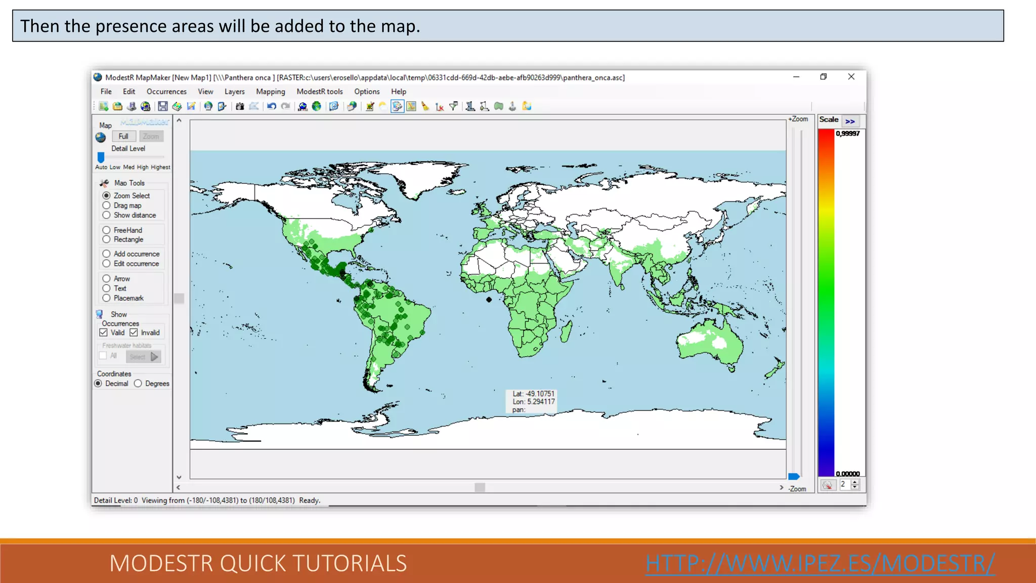 MODESTR QUICK TUTORIALS HTTP://WWW.IPEZ.ES/MODESTR/
Then the presence areas will be added to the map.
 