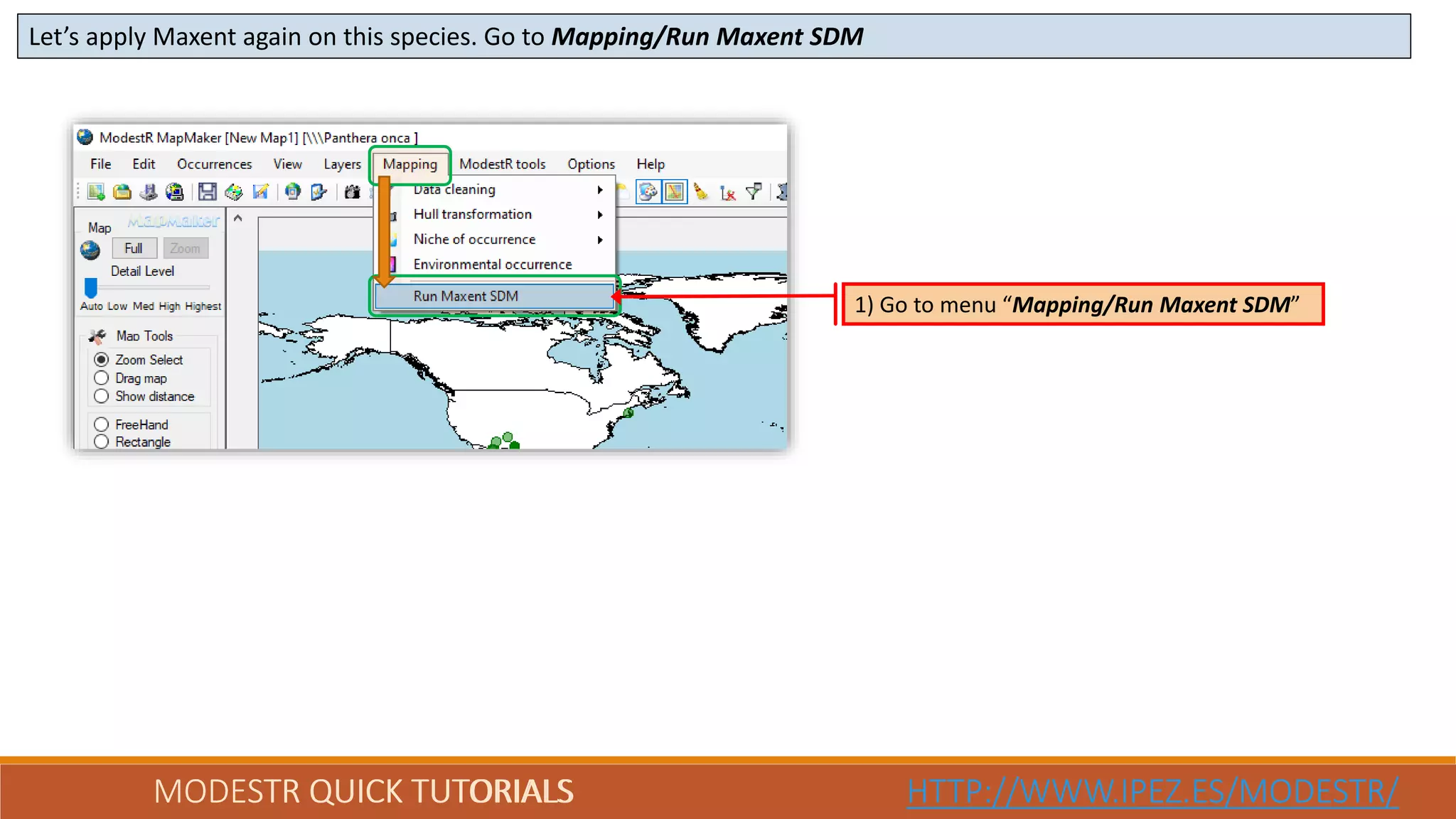 MODESTR QUICK TUTORIALS HTTP://WWW.IPEZ.ES/MODESTR/MODESTR QUICK TUTORIALS HTTP://WWW.IPEZ.ES/MODESTR/
Let’s apply Maxent again on this species. Go to Mapping/Run Maxent SDM
1) Go to menu “Mapping/Run Maxent SDM”
 