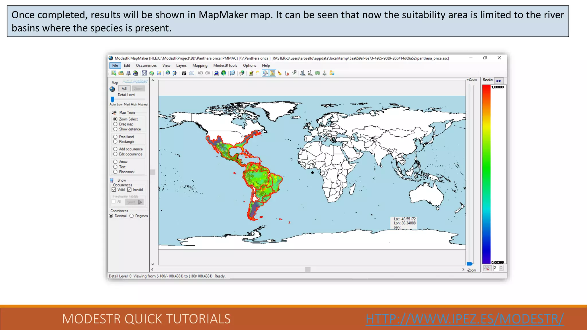 MODESTR QUICK TUTORIALS HTTP://WWW.IPEZ.ES/MODESTR/
Once completed, results will be shown in MapMaker map. It can be seen that now the suitability area is limited to the river
basins where the species is present.
 