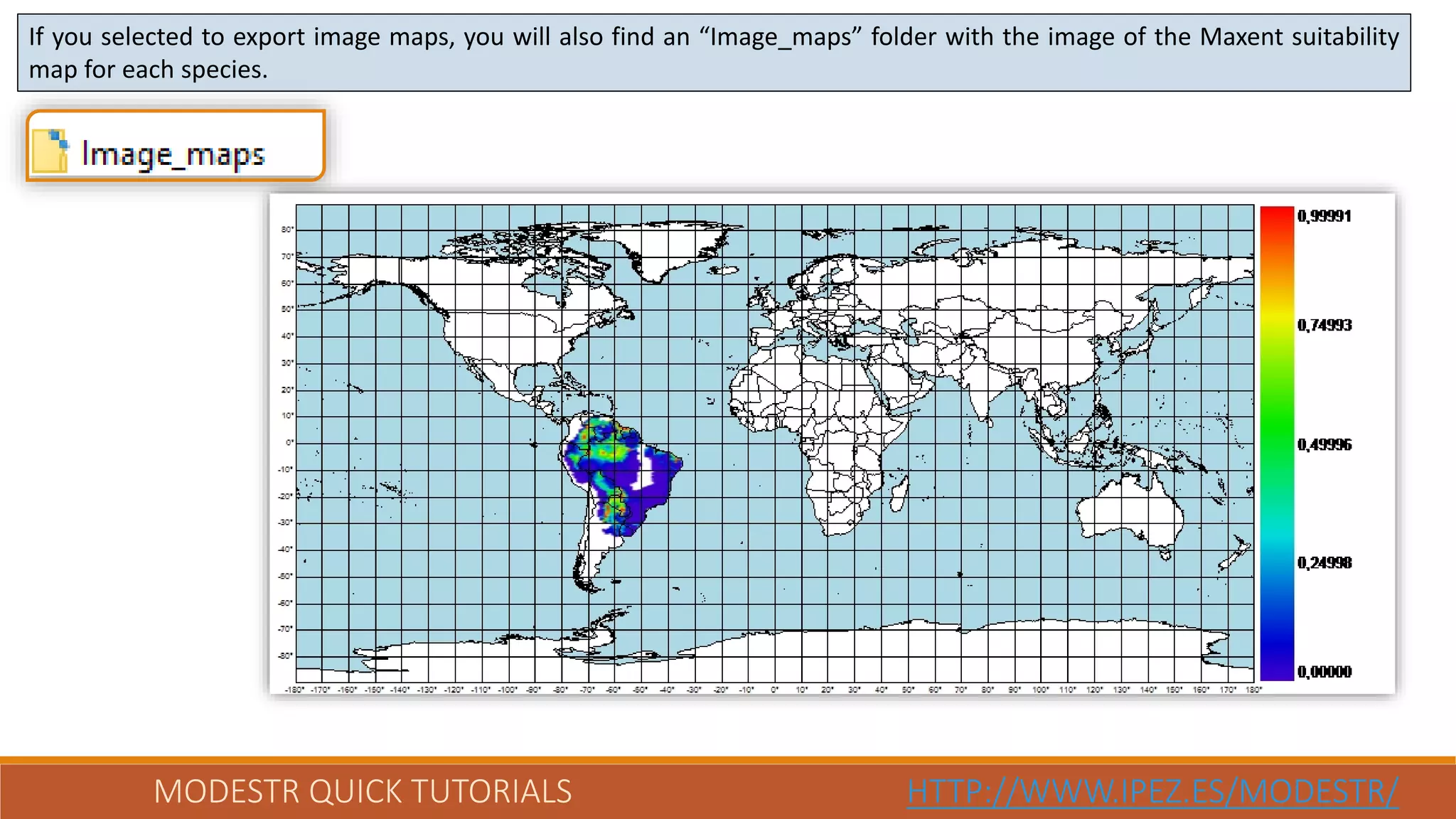 MODESTR QUICK TUTORIALS HTTP://WWW.IPEZ.ES/MODESTR/
If you selected to export image maps, you will also find an “Image_maps” folder with the image of the Maxent suitability
map for each species.
 