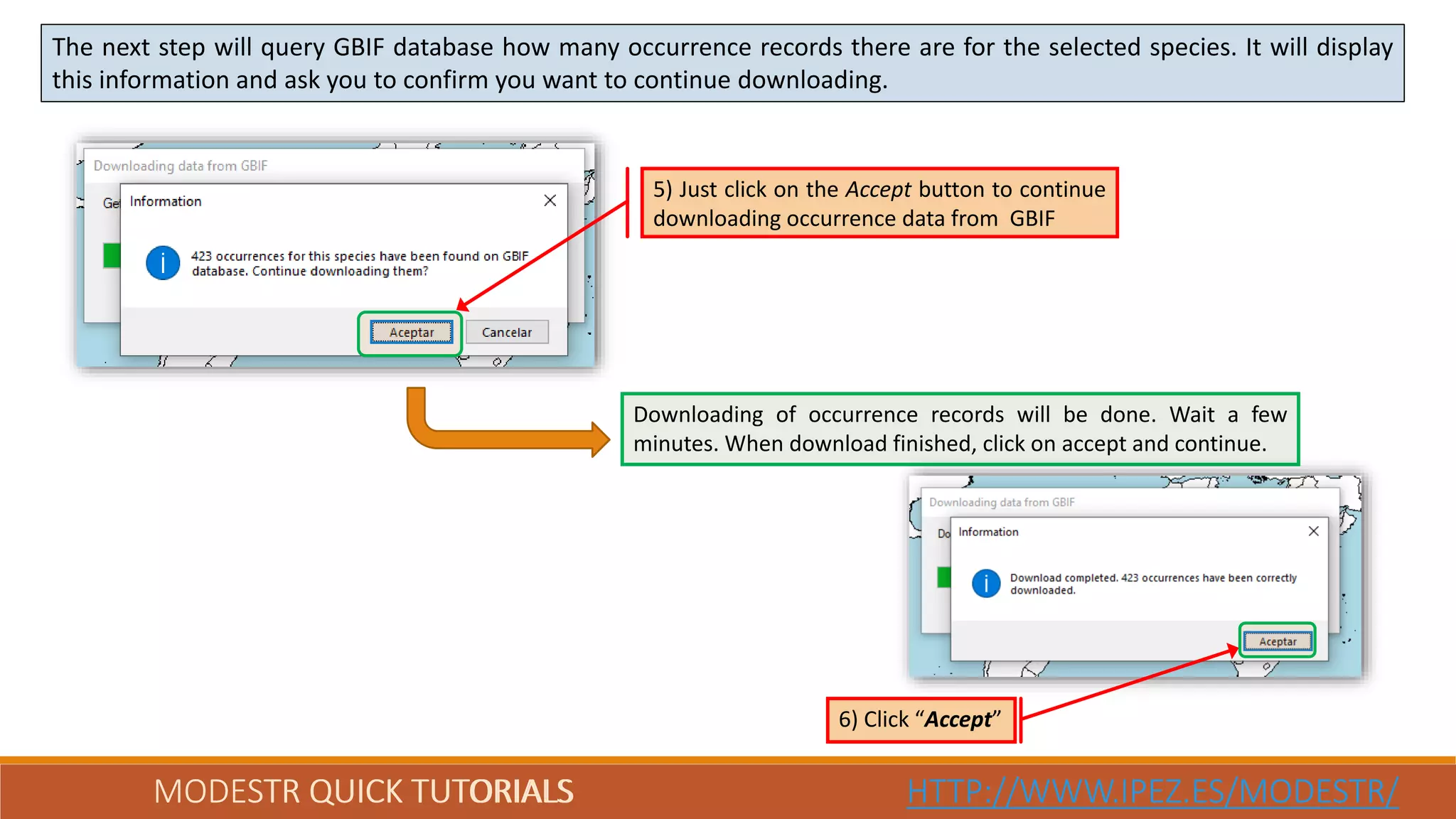 MODESTR QUICK TUTORIALS HTTP://WWW.IPEZ.ES/MODESTR/
The next step will query GBIF database how many occurrence records there are for the selected species. It will display
this information and ask you to confirm you want to continue downloading.
MODESTR QUICK TUTORIALS HTTP://WWW.IPEZ.ES/MODESTR/
5) Just click on the Accept button to continue
downloading occurrence data from GBIF
Downloading of occurrence records will be done. Wait a few
minutes. When download finished, click on accept and continue.
6) Click “Accept”
 