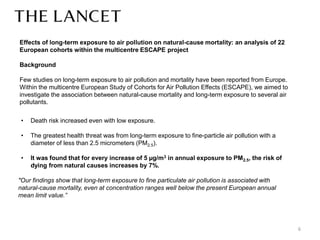 6 
•Death risk increased even with low exposure. 
•The greatest health threat was from long-term exposure to fine-particle air pollution with a diameter of less than 2.5 micrometers (PM2.5). 
•It was found that for every increase of 5 μg/m3 in annual exposure to PM2.5, the risk of dying from natural causes increases by 7%. "Our findings show that long-term exposure to fine particulate air pollution is associated with natural-cause mortality, even at concentration ranges well below the present European annual mean limit value.” 
Effects of long-term exposure to air pollution on natural-cause mortality: an analysis of 22 European cohorts within the multicentre ESCAPE project Background Few studies on long-term exposure to air pollution and mortality have been reported from Europe. Within the multicentre European Study of Cohorts for Air Pollution Effects (ESCAPE), we aimed to investigate the association between natural-cause mortality and long-term exposure to several air pollutants.  