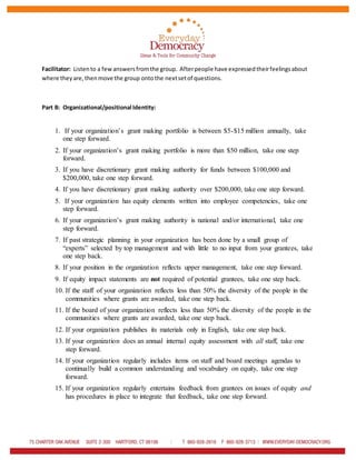 Facilitator: Listento a fewanswersfromthe group. Afterpeople have expressedtheirfeelingsabout
where theyare,thenmove the group ontothe nextsetof questions.
Part B: Organizational/positional Identity:
1. If your organization’s grant making portfolio is between $5-$15 million annually, take
one step forward.
2. If your organization’s grant making portfolio is more than $50 million, take one step
forward.
3. If you have discretionary grant making authority for funds between $100,000 and
$200,000, take one step forward.
4. If you have discretionary grant making authority over $200,000, take one step forward.
5. If your organization has equity elements written into employee competencies, take one
step forward.
6. If your organization’s grant making authority is national and/or international, take one
step forward.
7. If past strategic planning in your organization has been done by a small group of
“experts” selected by top management and with little to no input from your grantees, take
one step back.
8. If your position in the organization reflects upper management, take one step forward.
9. If equity impact statements are not required of potential grantees, take one step back.
10. If the staff of your organization reflects less than 50% the diversity of the people in the
communities where grants are awarded, take one step back.
11. If the board of your organization reflects less than 50% the diversity of the people in the
communities where grants are awarded, take one step back.
12. If your organization publishes its materials only in English, take one step back.
13. If your organization does an annual internal equity assessment with all staff, take one
step forward.
14. If your organization regularly includes items on staff and board meetings agendas to
continually build a common understanding and vocabulary on equity, take one step
forward.
15. If your organization regularly entertains feedback from grantees on issues of equity and
has procedures in place to integrate that feedback, take one step forward.
 
