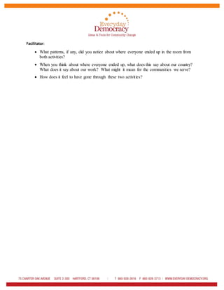 Facilitator:
 What patterns, if any, did you notice about where everyone ended up in the room from
both activities?
 When you think about where everyone ended up, what does this say about our country?
What does it say about our work? What might it mean for the communities we serve?
 How does it feel to have gone through these two activities?
 