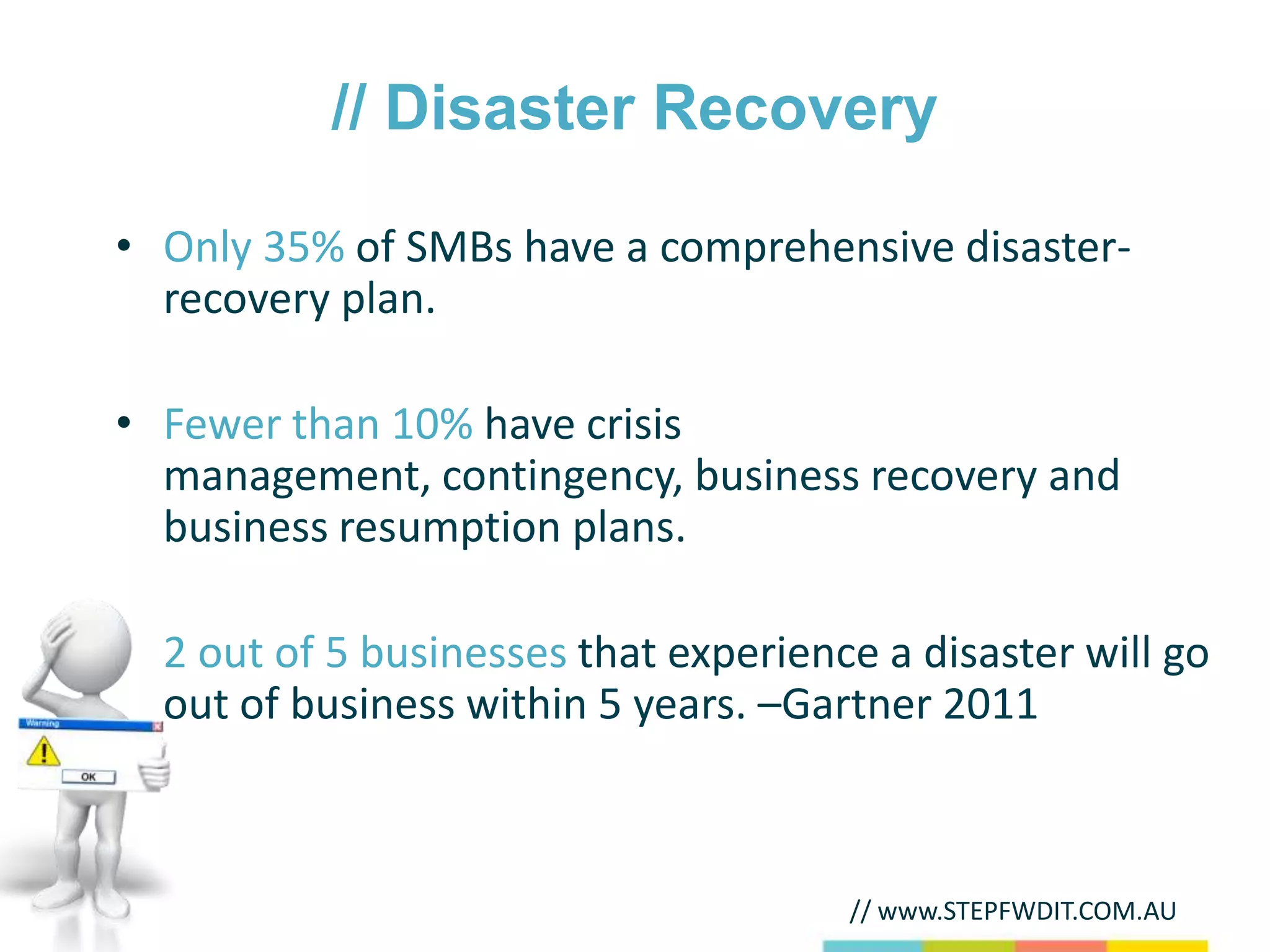// Disaster Recovery

• Only 35% of SMBs have a comprehensive disaster-
  recovery plan.

• Fewer than 10% have crisis
  management, contingency, business recovery and
  business resumption plans.

• 2 out of 5 businesses that experience a disaster will go
  out of business within 5 years. –Gartner 2011



                                      // www.STEPFWDIT.COM.AU
 