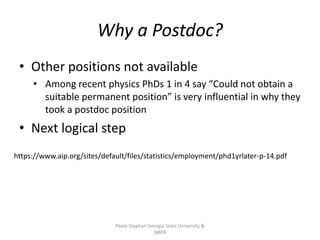 Why a Postdoc?
• Other positions not available
• Among recent physics PhDs 1 in 4 say “Could not obtain a
suitable permane...