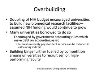 Overbuilding
• Doubling of NIH budget encouraged universities
to build new biomedical research facilities—
assumed NIH fun...