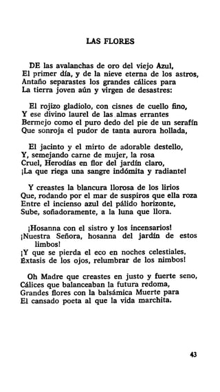 LAS FLORES
DE las avalanchas de oro del viejo Azul,
El primer día, y de la nieve eterna de los astros,
Antaño separastes los grandes cálices para
La tierra joven aún y virgen de desastres:
El rojizo gladiolo, con cisnes de cuello fino,
Y ese divino laurel de las almas errantes
Bermejo como el puro dedo del pie de un serafín
Que sonroja el pudor de tanta aurora hollada,
El jacinto y el mirto de adorable destello,
Y, semejando carne de mujer, la rosa
Cruel, Herodías en flor del jardín claro,
¡La que riega una sangre indómita y radiante!
Y creastes la blancura llorosa de los lirios
Que, rodando por el mar de suspiros que ella roza
Entre el incienso azul del pálido horizonte.
Sube, soñadoramente, a la lima que llora.
¡Hosanna con el sistro y los incensarios!
¡Nuestra Señora, hosanna del jardín de estos
limbos!
¡Y que se pierda el eco en noches celestiales,
Éxtasis de los ojos, relumbrar de los nimbos!
Oh Madre que creastes en justo y fuerte seno,
Cálices que balanceaban la futura redoma,
Grandes flores con la balsámica Muerte para
El cansado poeta al que la vida marchita.
43
 