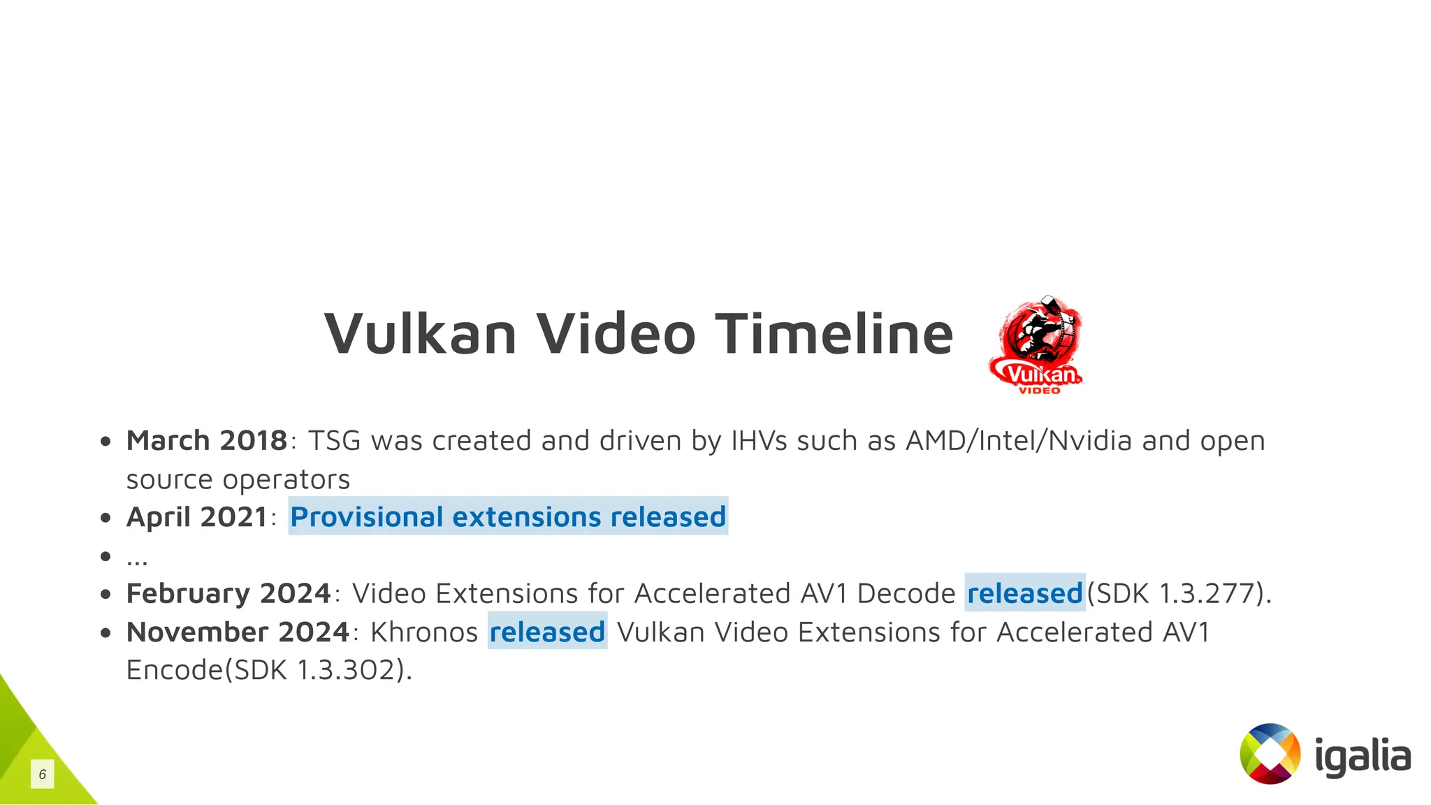 Vulkan Video Timeline
March 2018: TSG was created and driven by IHVs such as AMD/Intel/Nvidia and open
source operators
April 2021:
...
February 2024: Video Extensions for Accelerated AV1 Decode (SDK 1.3.277).
November 2024: Khronos Vulkan Video Extensions for Accelerated AV1
Encode(SDK 1.3.302).
Provisional extensions released
released
released
6
 