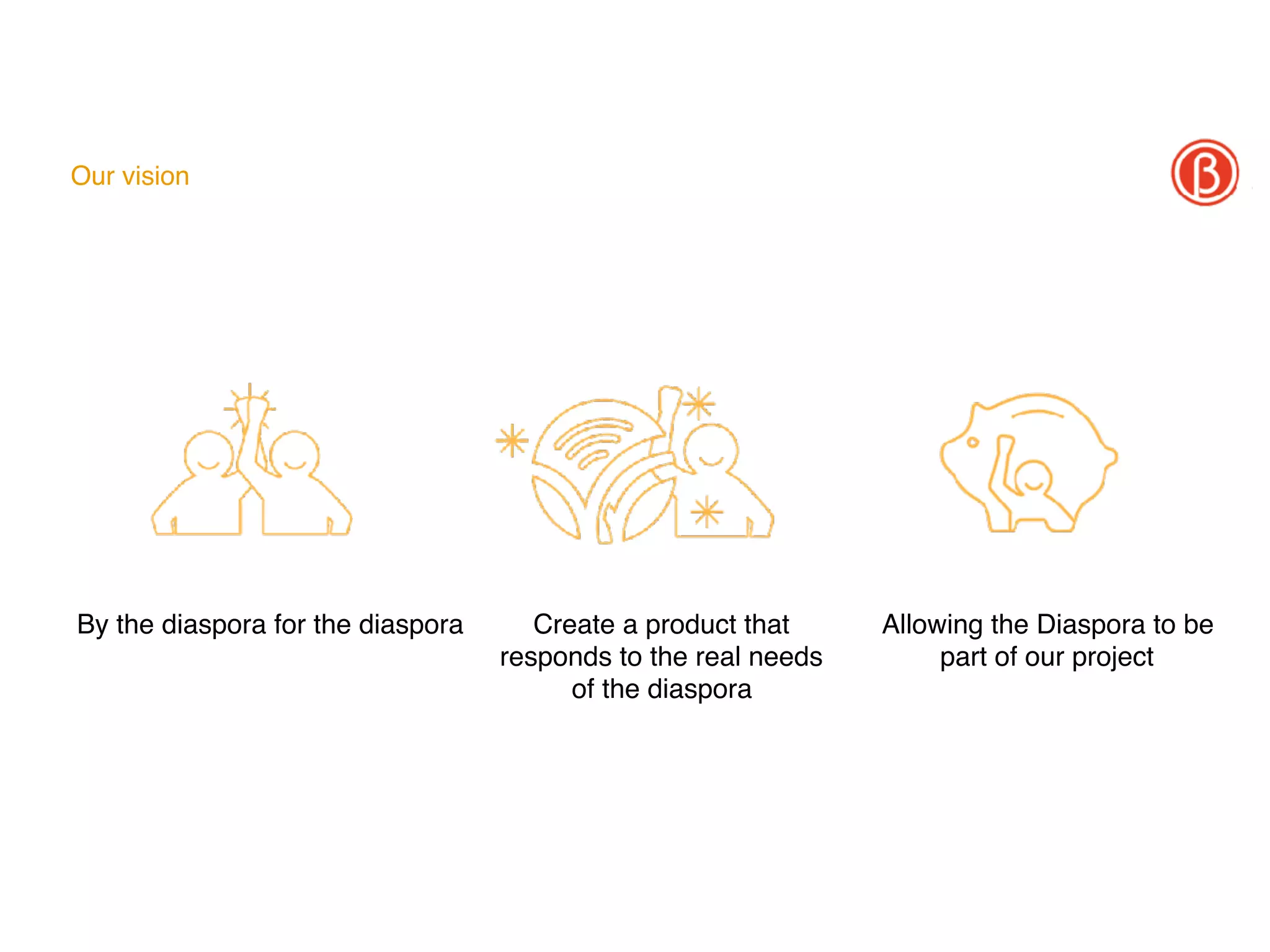 Our vision
Create a product that
responds to the real needs
of the diaspora
By the diaspora for the diaspora Allowing the Diaspora to be
part of our project
 