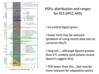 PDFs, distribution and ranges
for ECS (IPCC AR5)
• no central figure given
• lower limit may be reduced
(problem of using recent data sets to
constrain this?)
• long tail…..although figures greater
than 6°C unlikely (and palaeo record
doesn’t suggest this)
• TCR lower than this….but may be
more relevant for adaptation policy
 