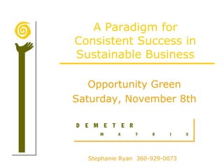A Paradigm for Consistent Success in Sustainable Business Opportunity Green Saturday, November 8th Stephanie Ryan  360-929-0073 