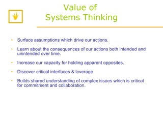 Value of  Systems Thinking Surface assumptions which drive our actions.  Learn about the consequences of our actions both intended and unintended over time. Increase our capacity for holding apparent opposites. Discover critical interfaces & leverage  Builds shared understanding of complex issues which is critical for commitment and collaboration. 