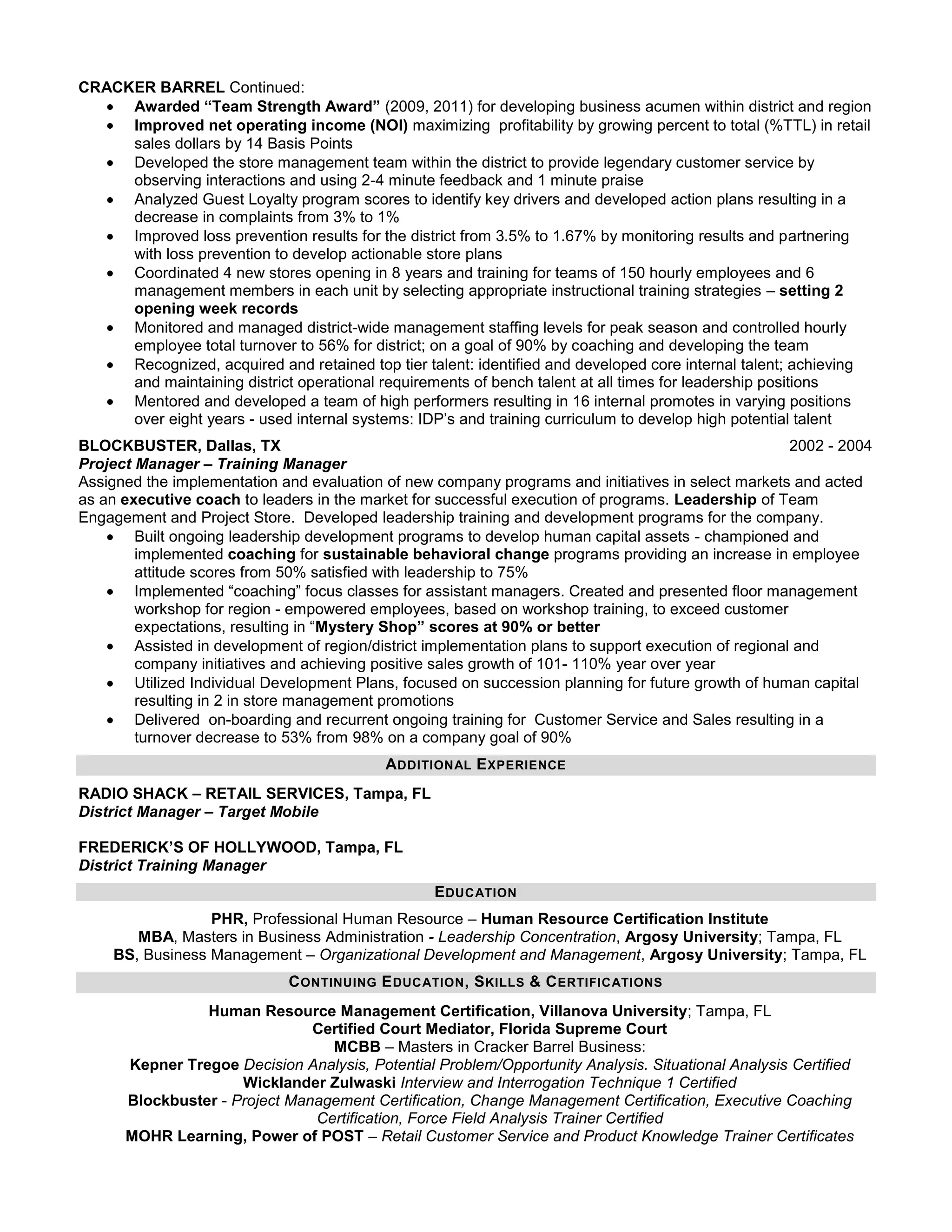 CRACKER BARREL Continued:
     Awarded “Team Strength Award” (2009, 2011) for developing business acumen within district and region
     Improved net operating income (NOI) maximizing profitability by growing percent to total (%TTL) in retail
     sales dollars by 14 Basis Points
     Developed the store management team within the district to provide legendary customer service by
     observing interactions and using 2-4 minute feedback and 1 minute praise
     Analyzed Guest Loyalty program scores to identify key drivers and developed action plans resulting in a
     decrease in complaints from 3% to 1%
     Improved loss prevention results for the district from 3.5% to 1.67% by monitoring results and partnering
     with loss prevention to develop actionable store plans
     Coordinated 4 new stores opening in 8 years and training for teams of 150 hourly employees and 6
     management members in each unit by selecting appropriate instructional training strategies – setting 2
     opening week records
     Monitored and managed district-wide management staffing levels for peak season and controlled hourly
     employee total turnover to 56% for district; on a goal of 90% by coaching and developing the team
     Recognized, acquired and retained top tier talent: identified and developed core internal talent; achieving
     and maintaining district operational requirements of bench talent at all times for leadership positions
     Mentored and developed a team of high performers resulting in 16 internal promotes in varying positions
     over eight years - used internal systems: IDP’s and training curriculum to develop high potential talent
BLOCKBUSTER, Dallas, TX                                                                                 2002 - 2004
Project Manager – Training Manager
Assigned the implementation and evaluation of new company programs and initiatives in select markets and acted
as an executive coach to leaders in the market for successful execution of programs. Leadership of Team
Engagement and Project Store. Developed leadership training and development programs for the company.
        Built ongoing leadership development programs to develop human capital assets - championed and
        implemented coaching for sustainable behavioral change programs providing an increase in employee
        attitude scores from 50% satisfied with leadership to 75%
        Implemented “coaching” focus classes for assistant managers. Created and presented floor management
        workshop for region - empowered employees, based on workshop training, to exceed customer
        expectations, resulting in “Mystery Shop” scores at 90% or better
        Assisted in development of region/district implementation plans to support execution of regional and
        company initiatives and achieving positive sales growth of 101- 110% year over year
        Utilized Individual Development Plans, focused on succession planning for future growth of human capital
        resulting in 2 in store management promotions
        Delivered on-boarding and recurrent ongoing training for Customer Service and Sales resulting in a
        turnover decrease to 53% from 98% on a company goal of 90%
                                            A DDITIONAL E XPERIENCE
RADIO SHACK – RETAIL SERVICES, Tampa, FL
District Manager – Target Mobile

FREDERICK’S OF HOLLYWOOD, Tampa, FL
District Training Manager
                                                   E DUCATION
                  PHR, Professional Human Resource – Human Resource Certification Institute
        MBA, Masters in Business Administration - Leadership Concentration, Argosy University; Tampa, FL
     BS, Business Management – Organizational Development and Management, Argosy University; Tampa, FL
                              C ONTINUING E DUCATION , S KILLS & C ERTIFICATIONS
                Human Resource Management Certification, Villanova University; Tampa, FL
                               Certified Court Mediator, Florida Supreme Court
                                 MCBB – Masters in Cracker Barrel Business:
      Kepner Tregoe Decision Analysis, Potential Problem/Opportunity Analysis. Situational Analysis Certified
                     Wicklander Zulwaski Interview and Interrogation Technique 1 Certified
      Blockbuster - Project Management Certification, Change Management Certification, Executive Coaching
                               Certification, Force Field Analysis Trainer Certified
      MOHR Learning, Power of POST – Retail Customer Service and Product Knowledge Trainer Certificates
 