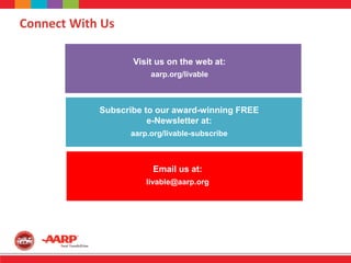 Visit us on the web at:
aarp.org/livable
Connect With Us
Subscribe to our award-winning FREE
e-Newsletter at:
aarp.org/livable-subscribe
Subscribe to our award-winning FREE
e-Newsletter at:
aarp.org/livable-subscribe
Email us at:
livable@aarp.org
 