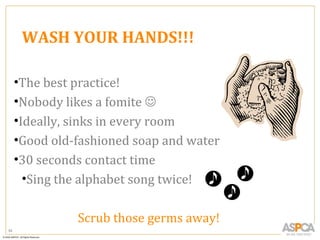 WASH YOUR HANDS!!!

     •The best practice!
     •Nobody likes a fomite 
     •Ideally, sinks in every room
     •Good old-fashioned soap and water
     •30 seconds contact time
       •Sing the alphabet song twice!

               Scrub those germs away!
84
 
