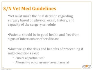S/N Vet Med Guidelines
     •Vet must make the final decision regarding
     surgery based on physical exam, history, and
     capacity of the surgery schedule

     •Patients should be in good health and free from
     signs of infectious or other disease

     •Must weigh the risks and benefits of proceeding if
     mild conditions exist
        • Future opportunities?
        • Alternative outcome may be euthanasia?
90
 