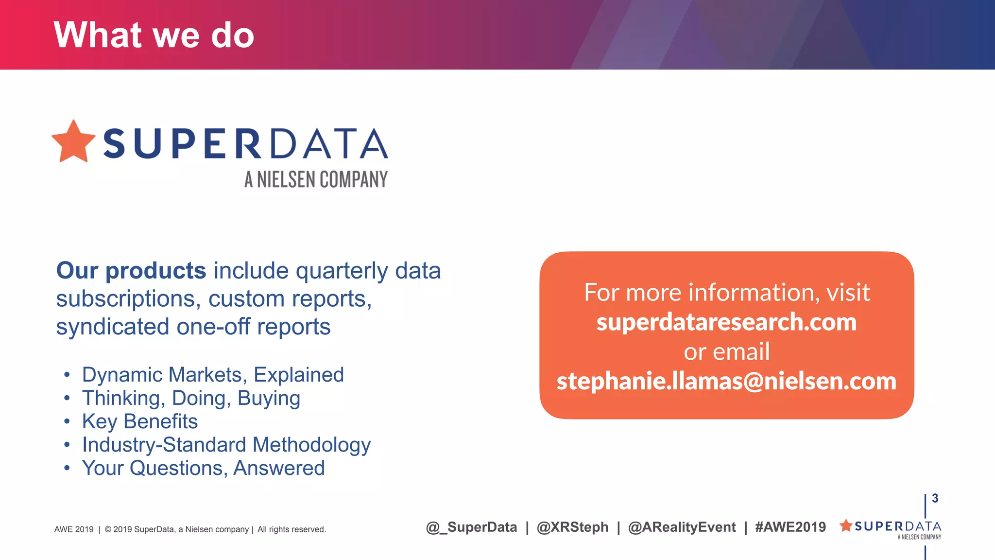 !3
Our products include quarterly data
subscriptions, custom reports,
syndicated one-off reports
• Dynamic Markets, Explained
• Thinking, Doing, Buying
• Key Benefits
• Industry-Standard Methodology
• Your Questions, Answered
What we do
For more information, visit
superdataresearch.com
or email
stephanie.llamas@nielsen.com
@_SuperData | @XRSteph | @ARealityEvent | #AWE2019AWE 2019 | © 2019 SuperData, a Nielsen company | All rights reserved.
 