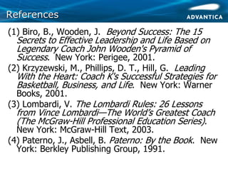 ReferencesReferences
(1) Biro, B., Wooden, J. Beyond Success: The 15
Secrets to Effective Leadership and Life Based on
Legendary Coach John Wooden's Pyramid of
Success. New York: Perigee, 2001.
(2) Krzyzewski, M., Phillips, D. T., Hill, G. Leading
With the Heart: Coach K's Successful Strategies for
Basketball, Business, and Life. New York: Warner
Books, 2001.
(3) Lombardi, V. The Lombardi Rules: 26 Lessons
from Vince Lombardi—The World’s Greatest Coach
(The McGraw-Hill Professional Education Series).
New York: McGraw-Hill Text, 2003.
(4) Paterno, J., Asbell, B. Paterno: By the Book. New
York: Berkley Publishing Group, 1991.
 