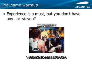 PrePre--gamegame warmupwarmup
• Experience is a must, but you don’t have
any…or do you?
John Wooden: 885-203Coach K: 694-240Vince Lombardi: 105-35-6Joe Paterno: 327-96-3
 