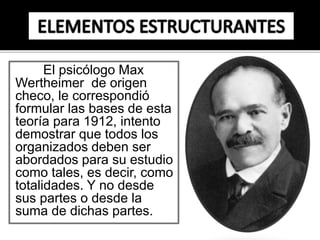 El psicólogo Max 
Wertheimer de origen 
checo, le correspondió 
formular las bases de esta 
teoría para 1912, intento 
demostrar que todos los 
organizados deben ser 
abordados para su estudio 
como tales, es decir, como 
totalidades. Y no desde 
sus partes o desde la 
suma de dichas partes. 
 