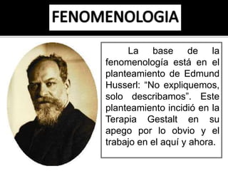 La base de la 
fenomenología está en el 
planteamiento de Edmund 
Husserl: “No expliquemos, 
solo describamos”. Este 
planteamiento incidió en la 
Terapia Gestalt en su 
apego por lo obvio y el 
trabajo en el aquí y ahora. 
 