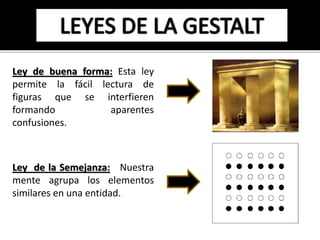 Ley de buena forma: Esta ley 
permite la fácil lectura de 
figuras que se interfieren 
formando aparentes 
confusiones. 
Ley de la Semejanza: Nuestra 
mente agrupa los elementos 
similares en una entidad. 
 