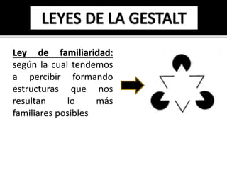 Ley de familiaridad: 
según la cual tendemos 
a percibir formando 
estructuras que nos 
resultan lo más 
familiares posibles 
 